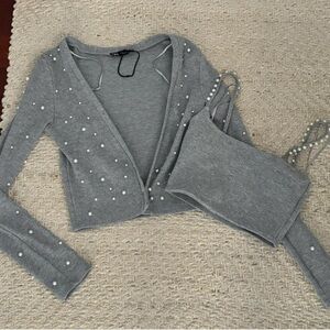 Gray Pearl Embellished Cardigan and Tank Set